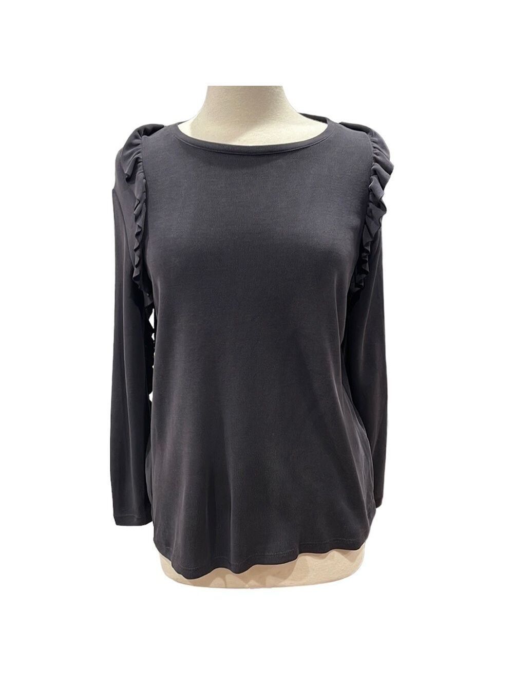 Nwt DREW Ribbed Knit Ruffle Trim Long Sleeve Tee Shirt Faded Black SZ XS